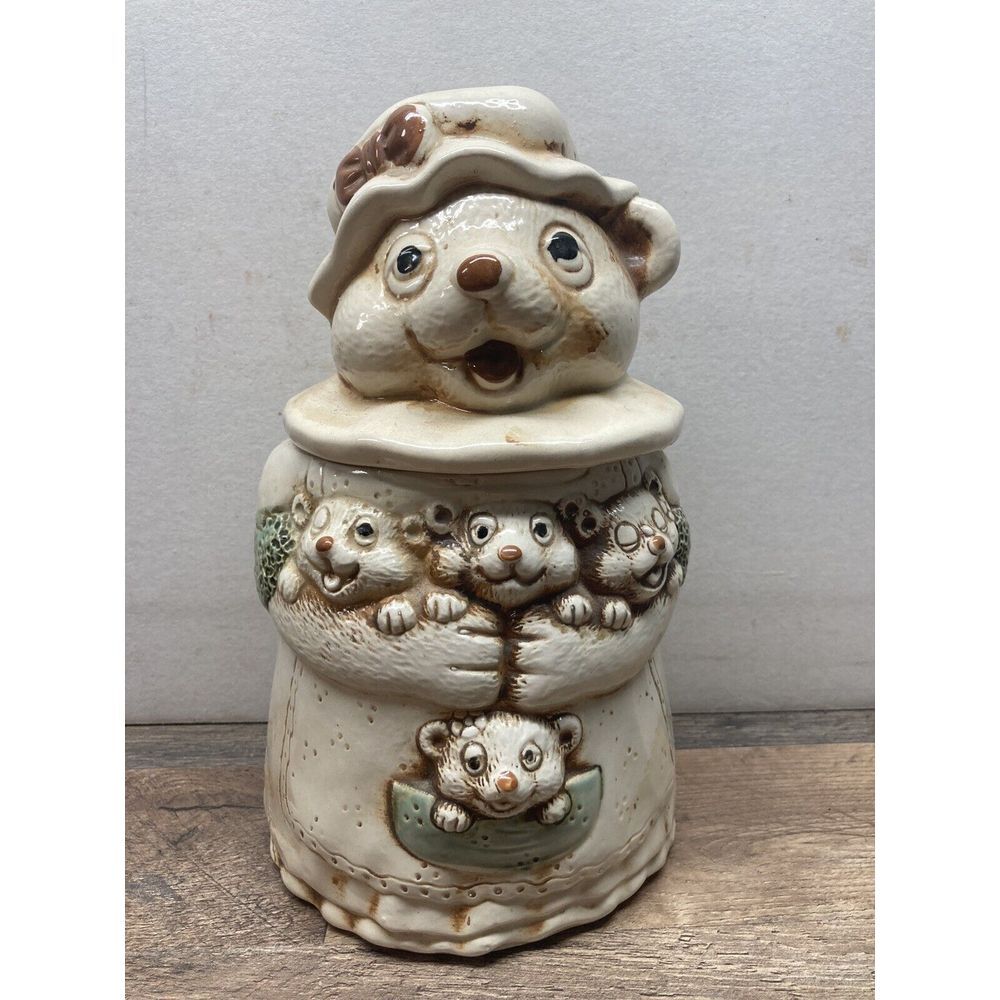 VTG-Ceramic Cookie Cream Jar Momma Bear & 4 Cubs Teddy Baby Bears